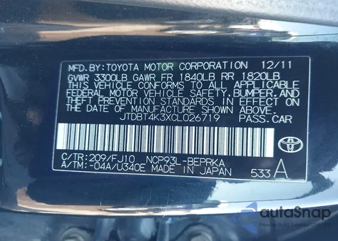 2012 Toyota Yaris z USA, uszkodzony, nr VIN JTDBT4K3XCL026719